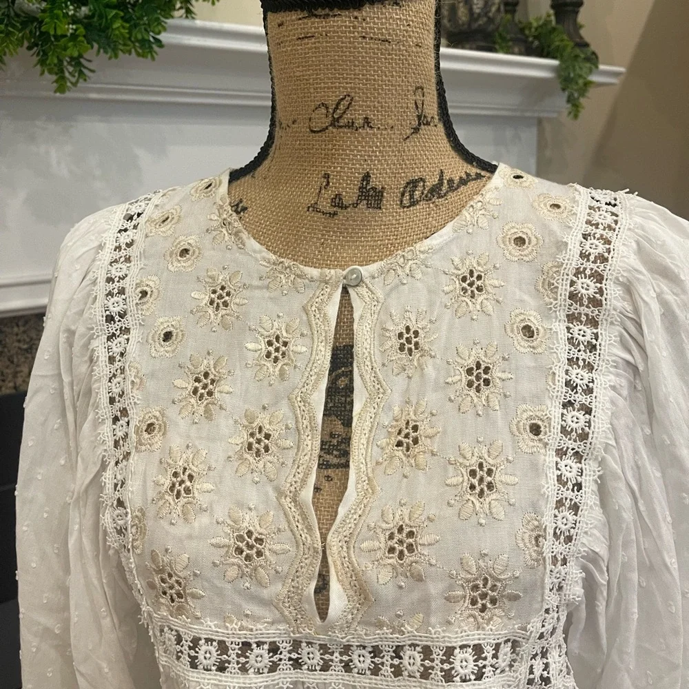 FREE PEOPLE Size XS Charlotte TUNIC TOP EMBROIDERED MINI DRESS IN IVORY New
